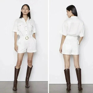 Frame Denim Arie Belted Utility Playsuit Romper Twill Linen Blend White Beach